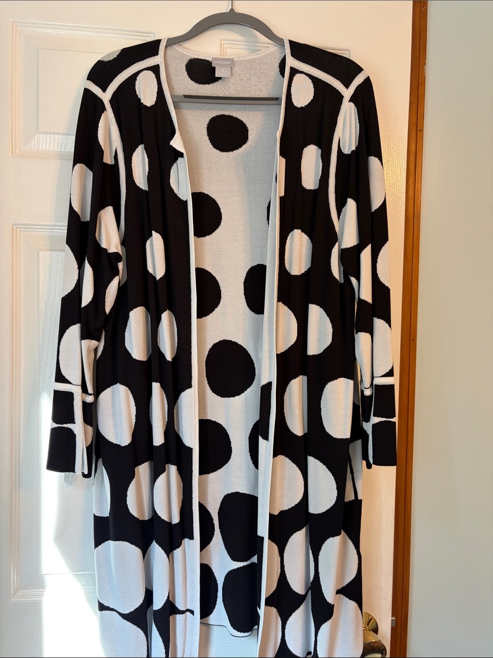 Chico's Black & White Polka Dot Open-Front Long Cardigan